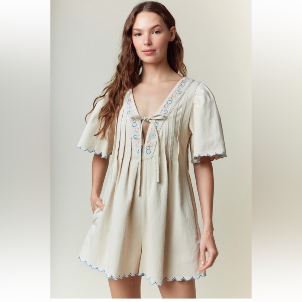Peach Love California Cream Embroidered Romper